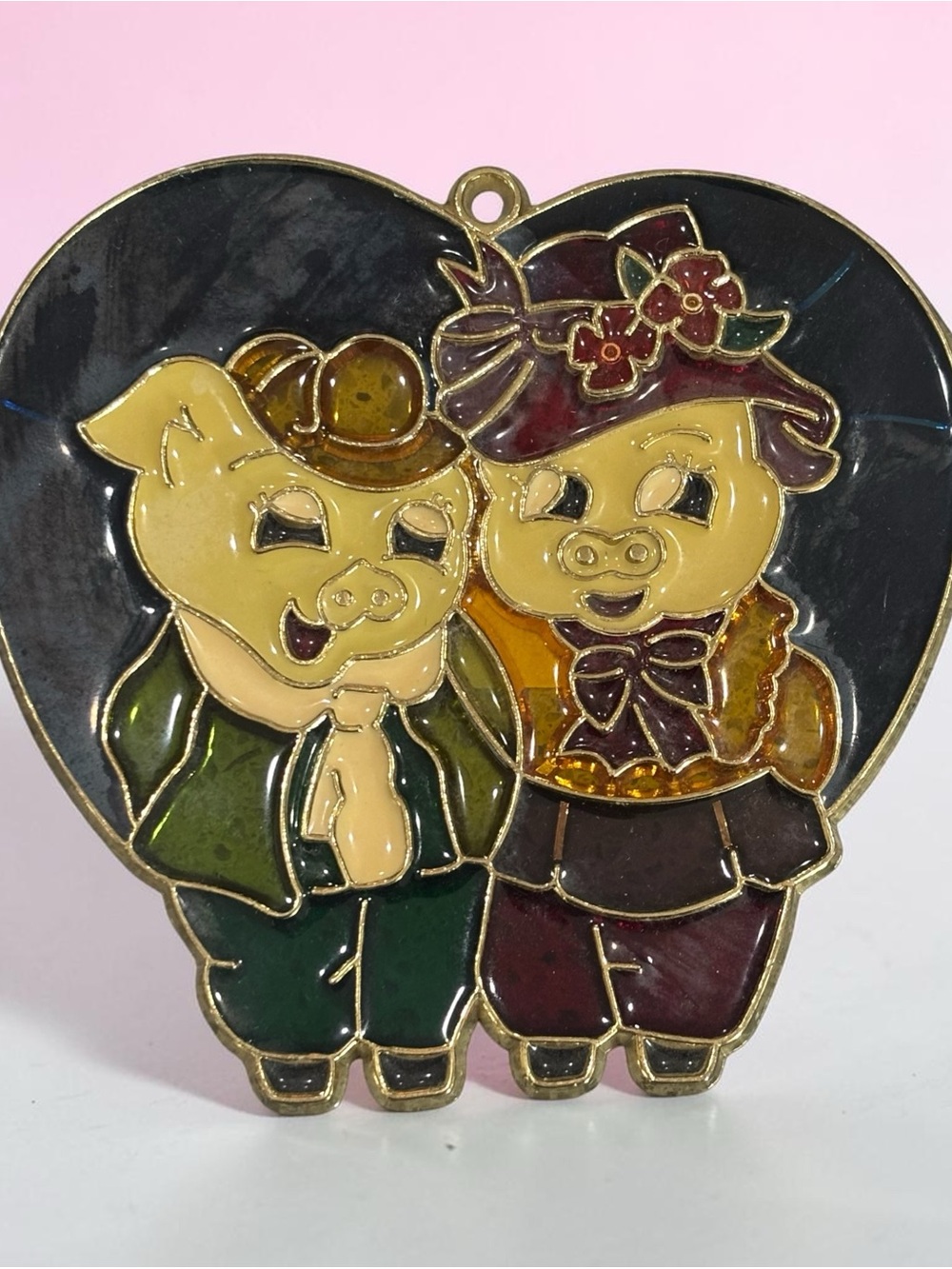 Vintage-Style Pig Couple Enamel Ornament - Multi-Color
